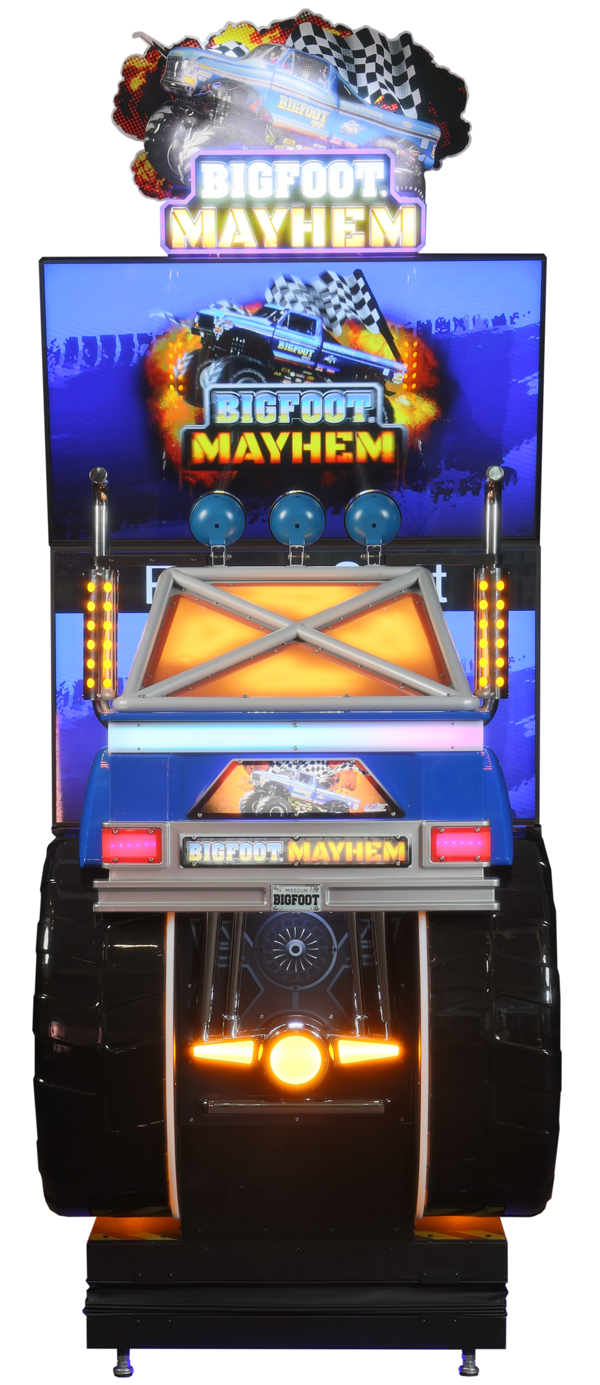 An arcade cabinet featuring a monster truck game titled 'BIGFOOT Mayhem.' The truck is set against a vibrant blue background with neon light accents.