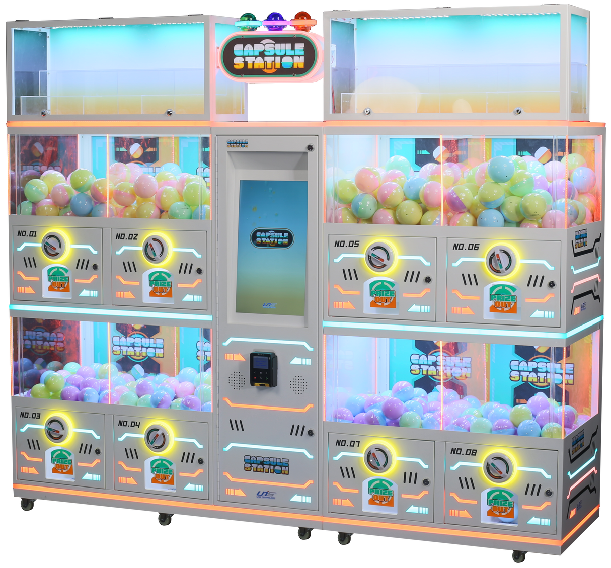 An 8-player vending machine with bright LED lights, designed for dispensing mystery toy capsules.