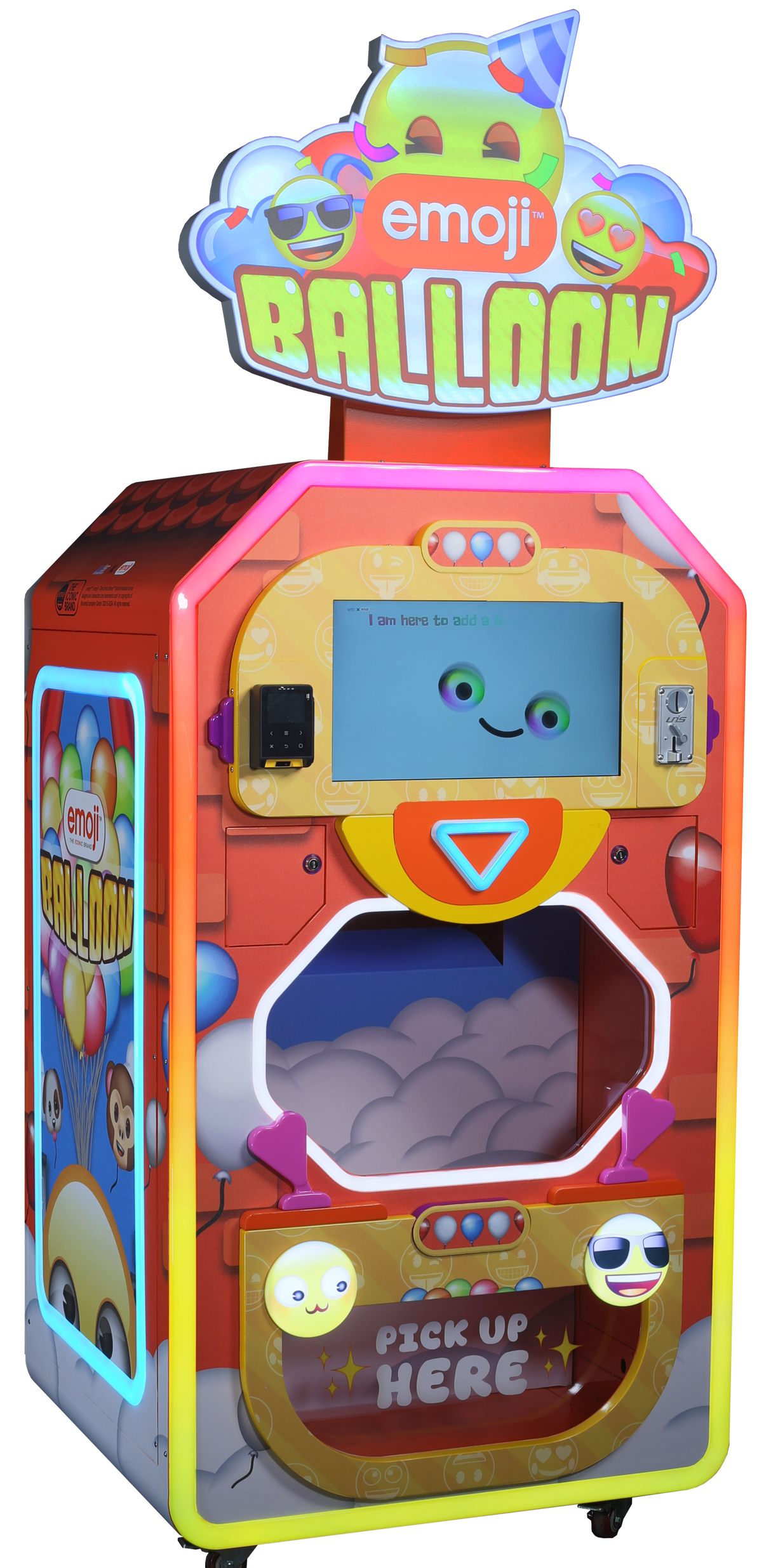 A colorful emoji-themed balloon vending machine with a fun design, featuring a variety of emoji characters and a balloon inflation mechanism.