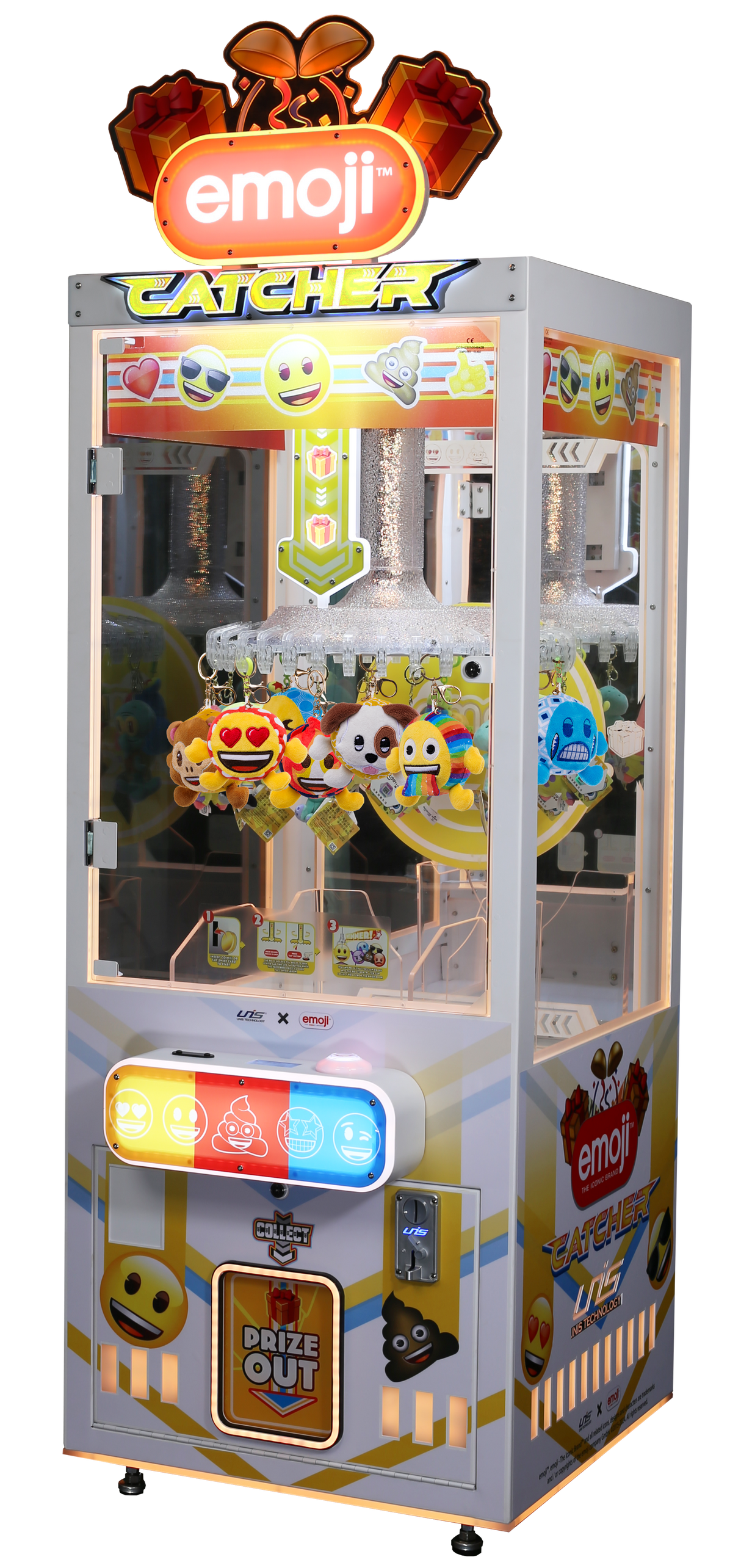 The Emoji Catcher arcade game cabinet, featuring colorful graphics and emoji-themed decorations with spinning prize holder.
