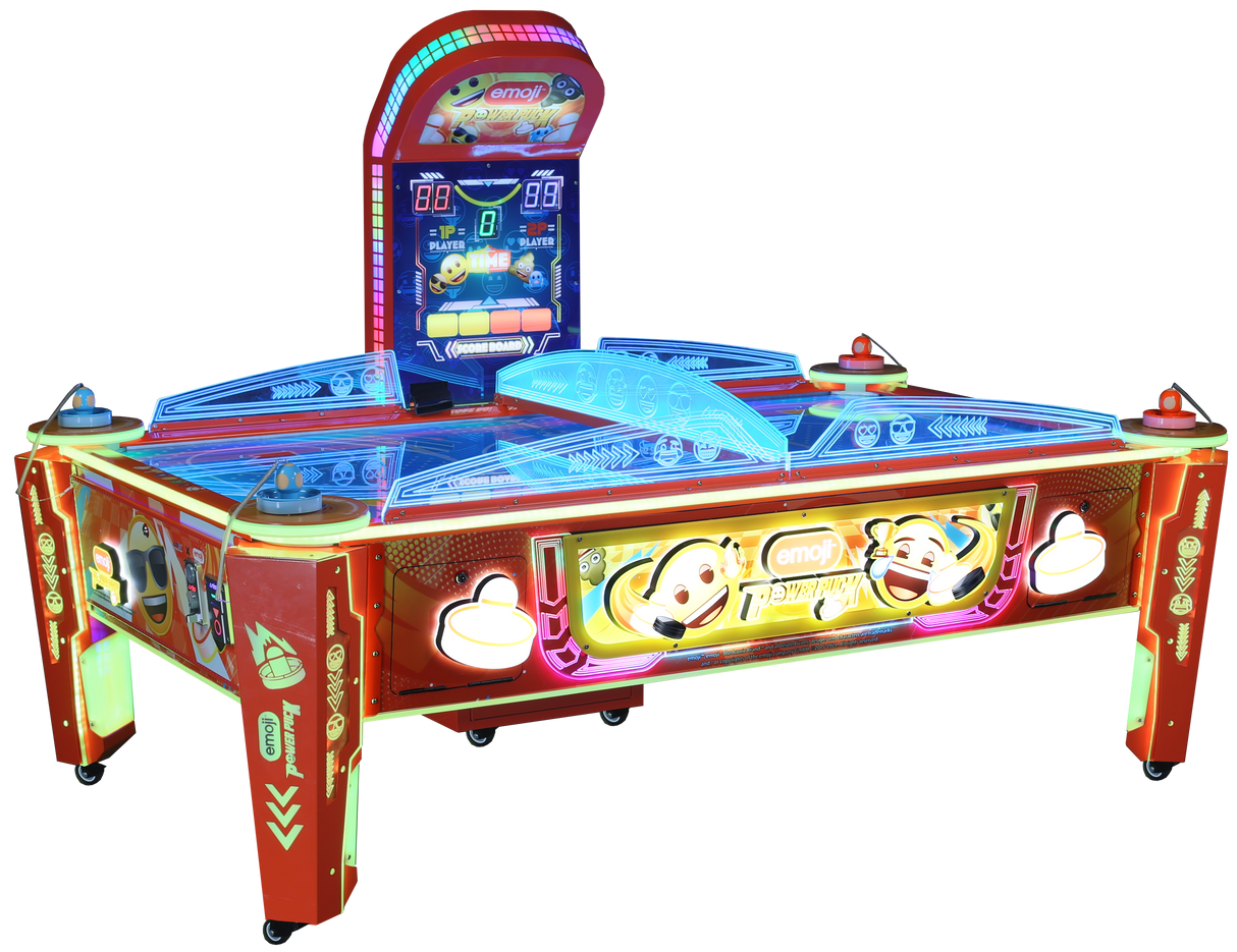 An arcade air hockey table with multicolored designs and emoji motifs, equipped with electronic scoring and multiple puck features.