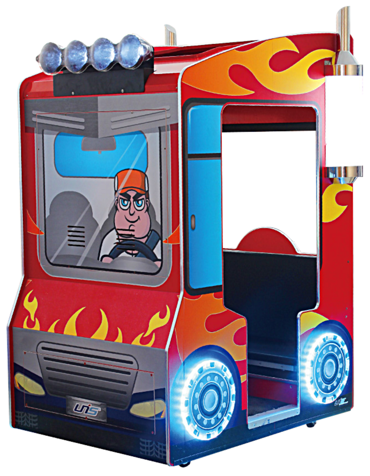 A colorful kiddie game truck with a steering wheel and a cartoonish driver figure inside, set against a vibrant red and yellow background with flames and blue lights.