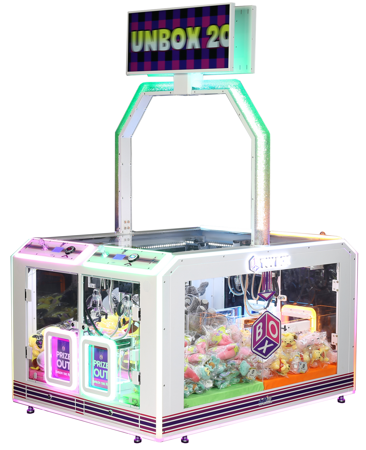 Colorful arcade-style crane game with a flat top design, featuring a display of prizes and multicolored lights.