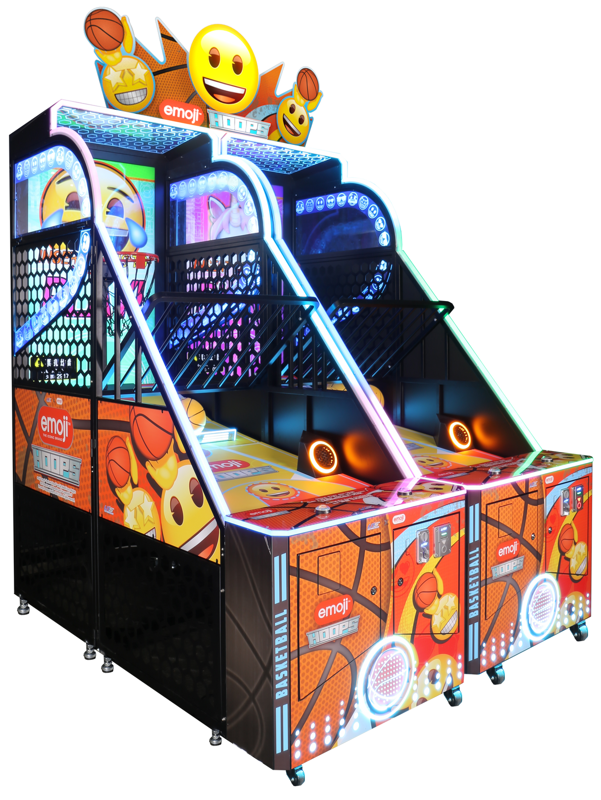 Colorful arcade basketball game machine with emoji-themed graphics
