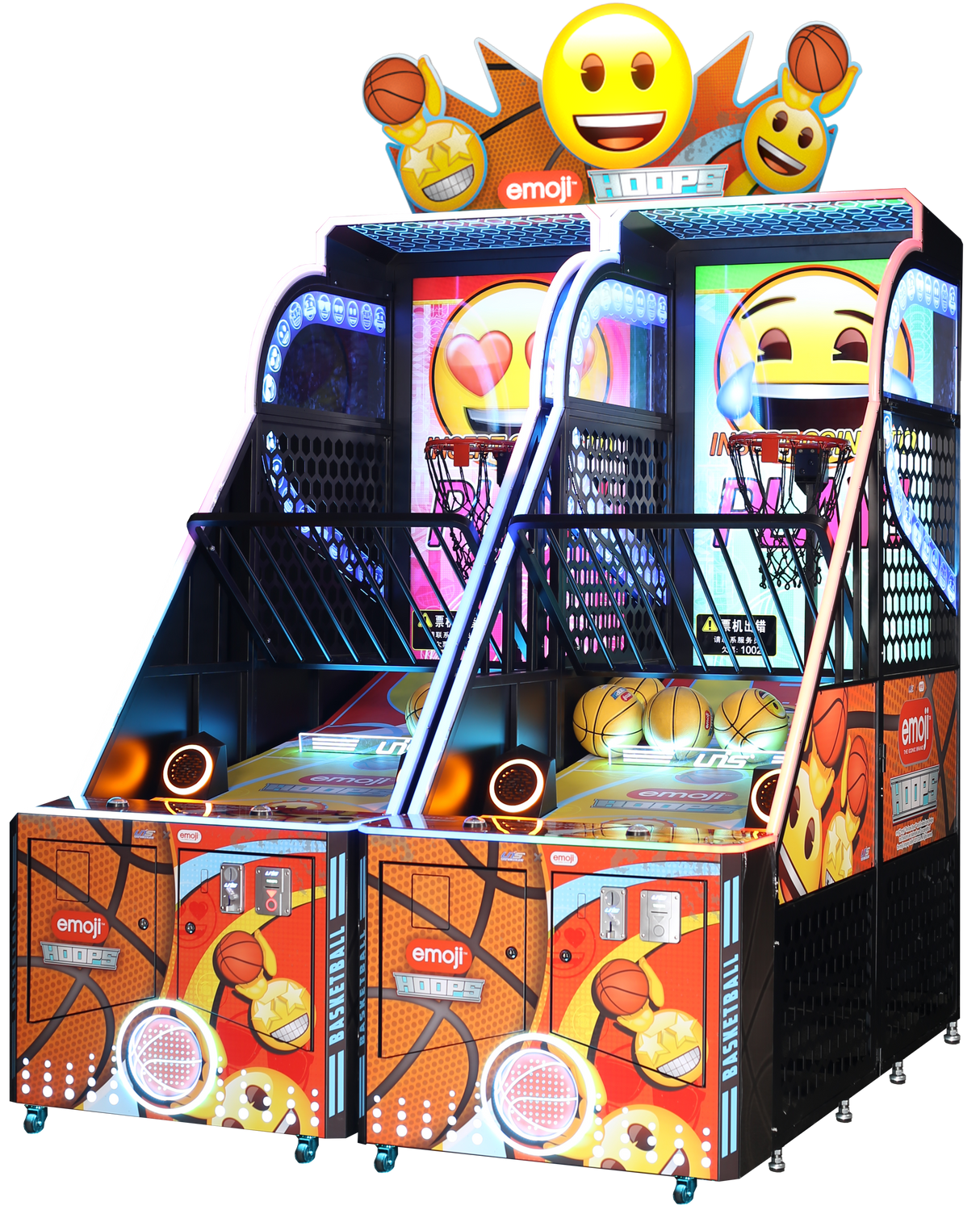 Colorful emoji-themed arcade basketball game with smiling face design.