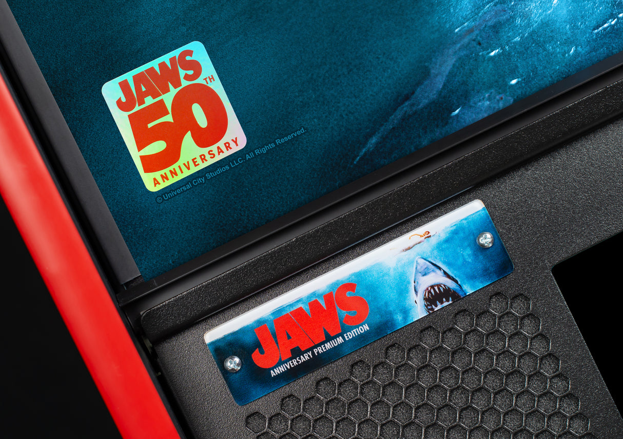 Close-up of 'Jaws' 50th anniversary Pinball logo 