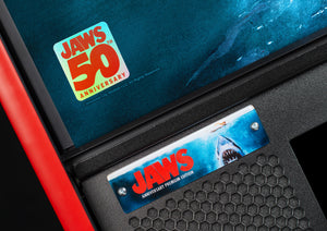 Close-up of 'Jaws' 50th anniversary Pinball logo 