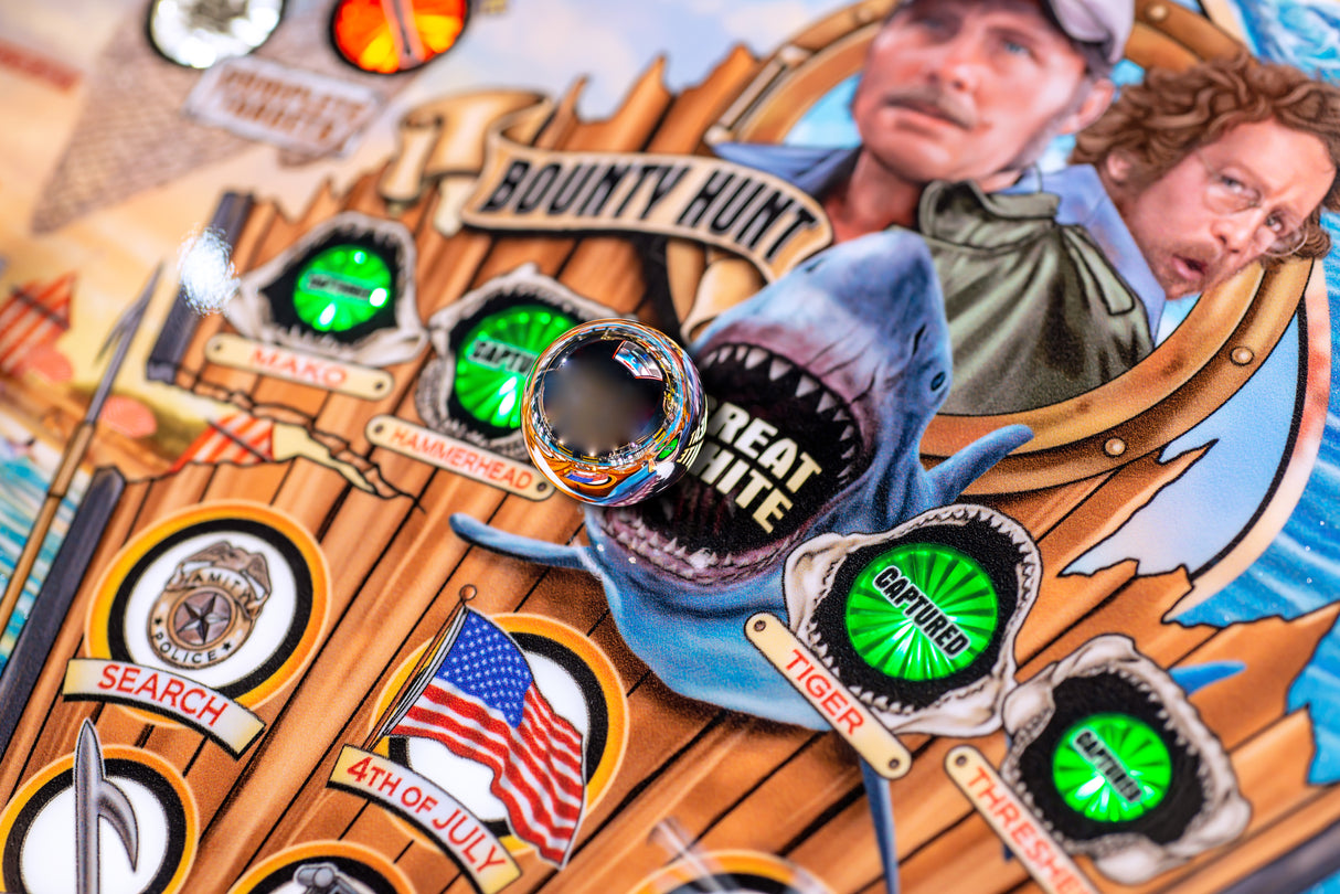 Jaws 50th Anniversary Pinball machine with shark, film characters and various game elements