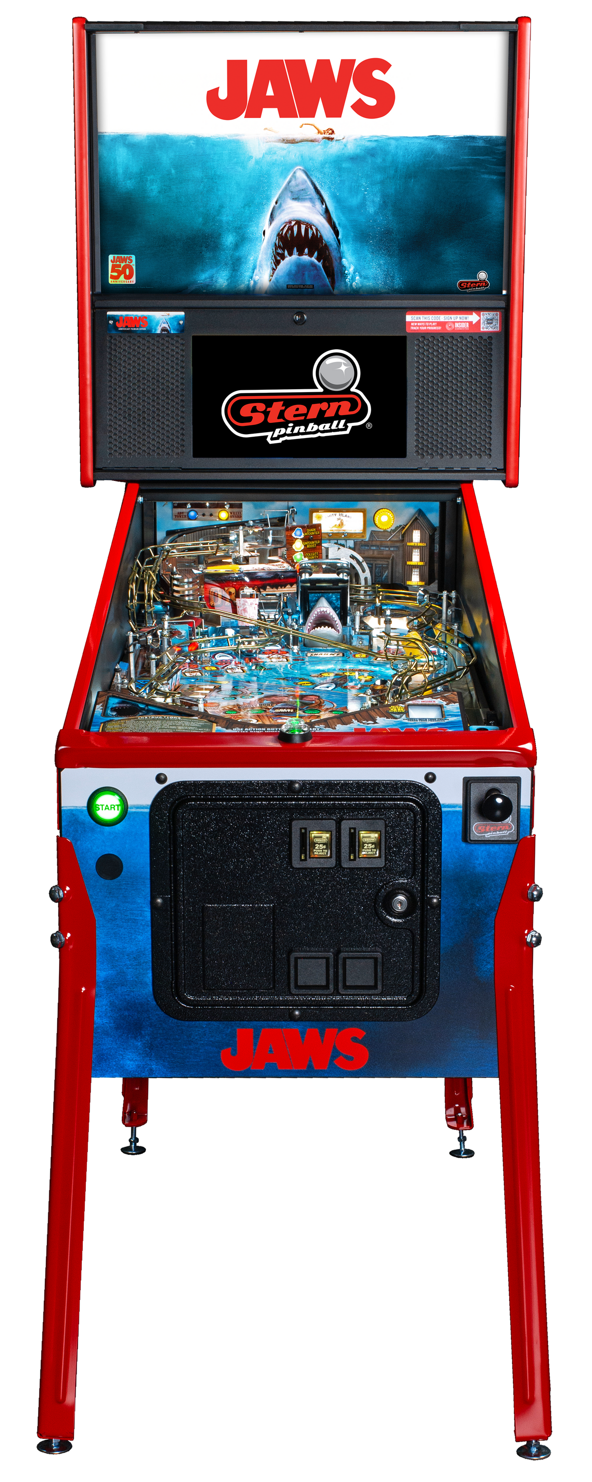 Pinball machine themed after the movie 'Jaws' with a shark graphic on the screen.