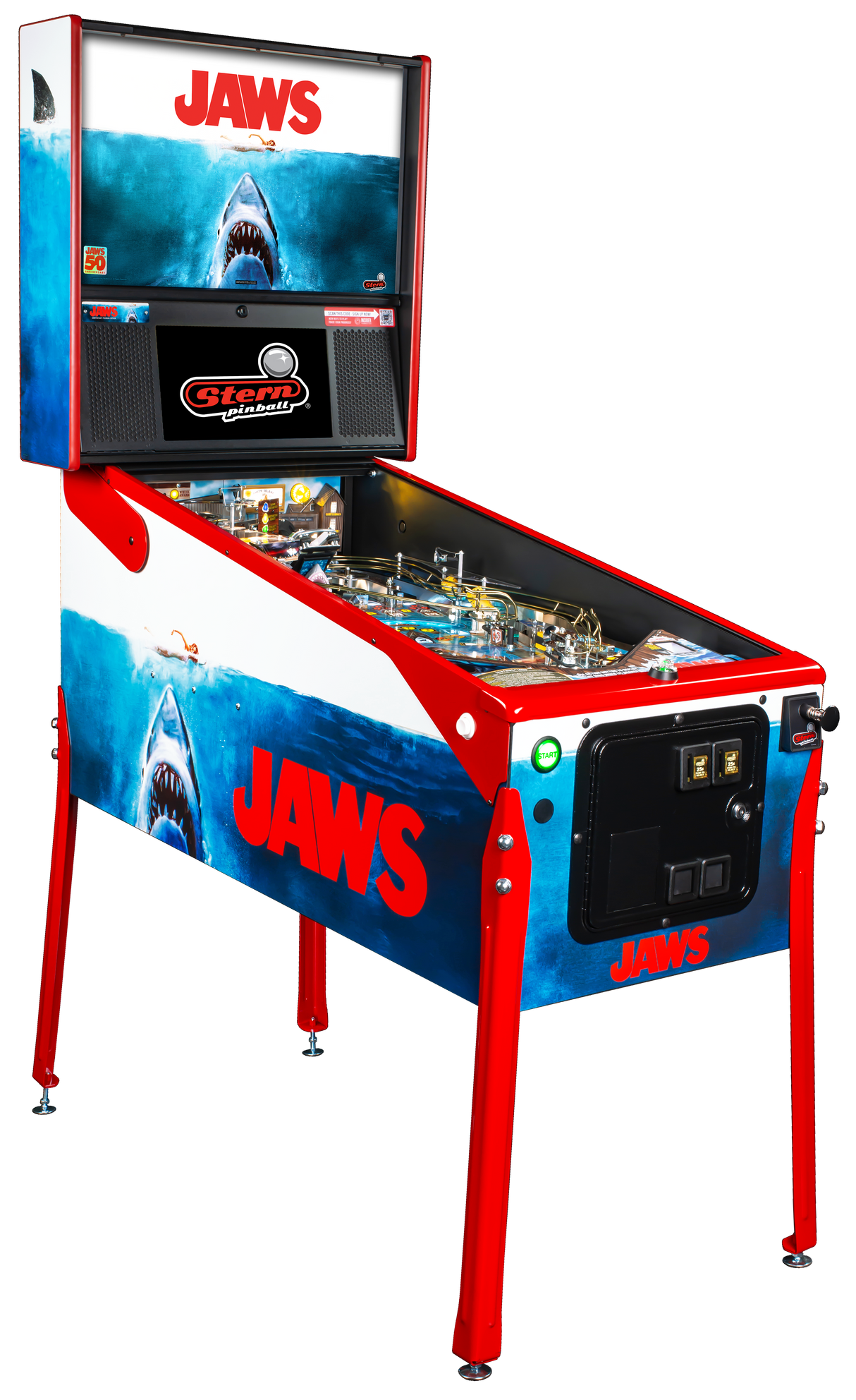 Pinball machine themed after the movie 'Jaws' with shark graphics and red, white, and blue colors.