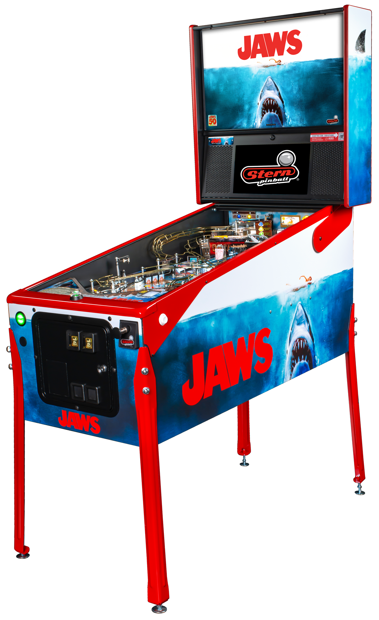 Pinball machine themed after the movie 'Jaws' with shark graphics and red, white, and blue color scheme.