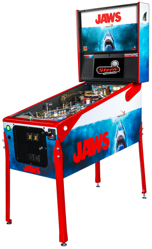 Pinball machine themed after the movie 'Jaws' with shark graphics and red, white, and blue color scheme.
