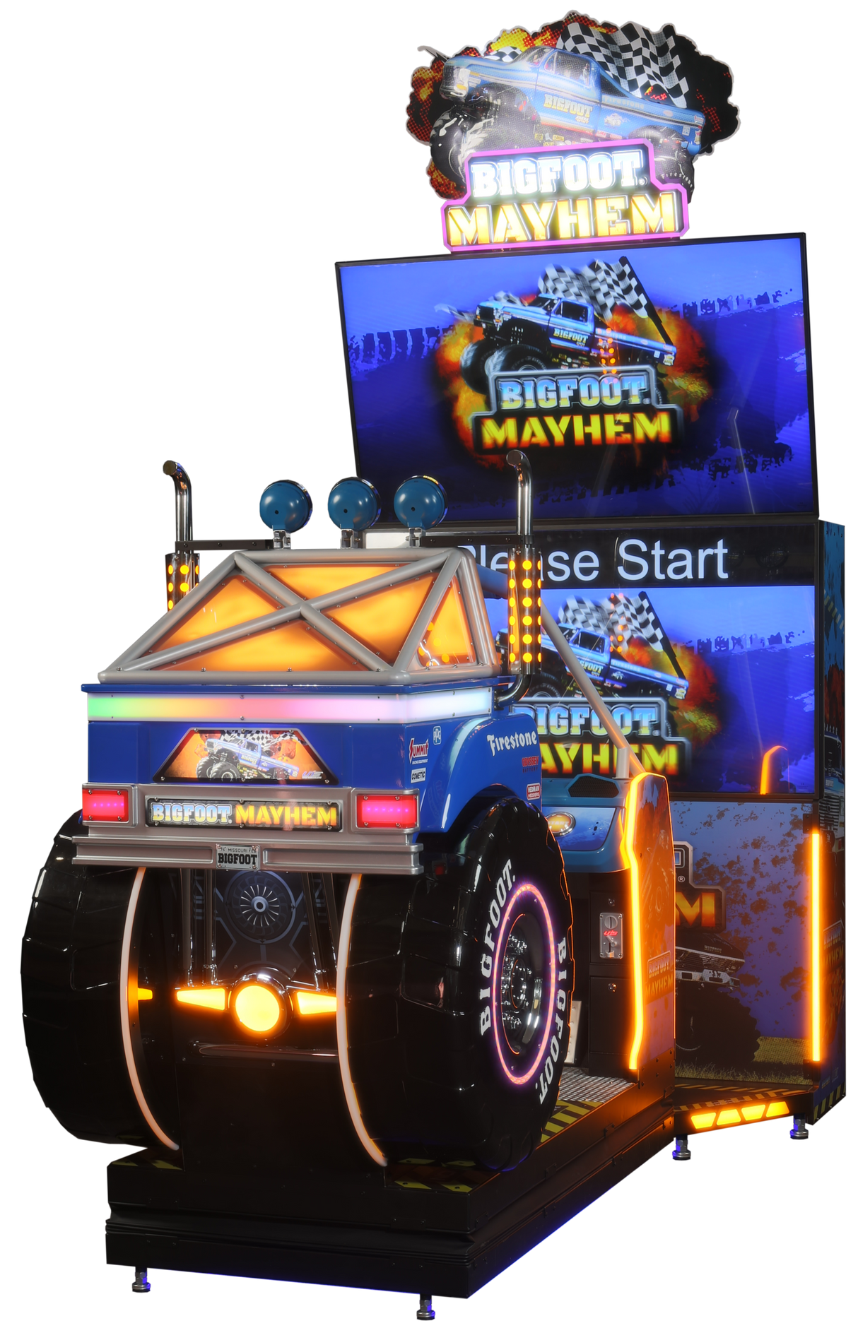 A colorful arcade cabinet themed after the BIGFOOT 4x4 monster truck, featuring the truck's design and branding with added visual effects.