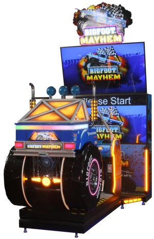 A colorful arcade cabinet themed after the BIGFOOT 4x4 monster truck, featuring the truck's design and branding with added visual effects.