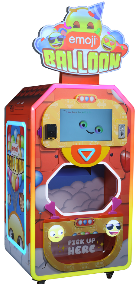 A colorful emoji-themed balloon vending machine with a fun design, featuring a variety of emoji characters and a balloon inflation mechanism.
