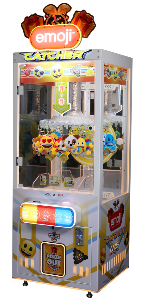 The Emoji Catcher arcade game cabinet, featuring colorful graphics and emoji-themed decorations with spinning prize holder.