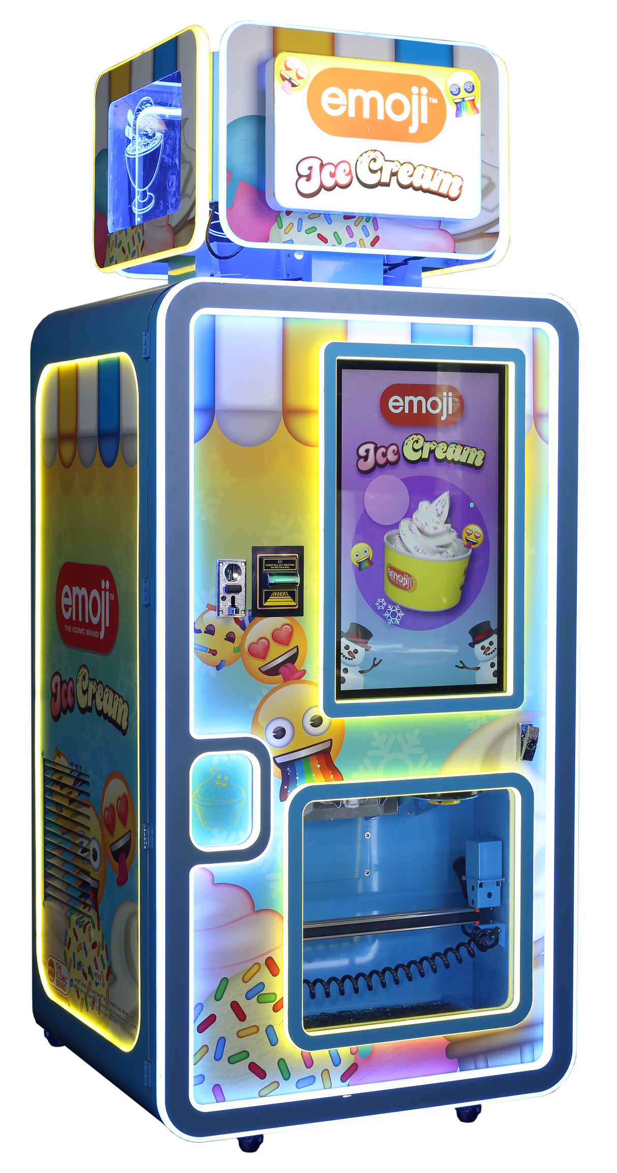 A colorful Emoji Ice Cream vending machine with a digital display and various ice cream toppings visible inside.