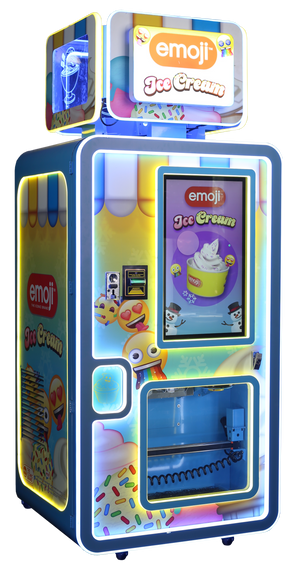 A colorful Emoji Ice Cream vending machine with a digital display and various ice cream toppings visible inside.