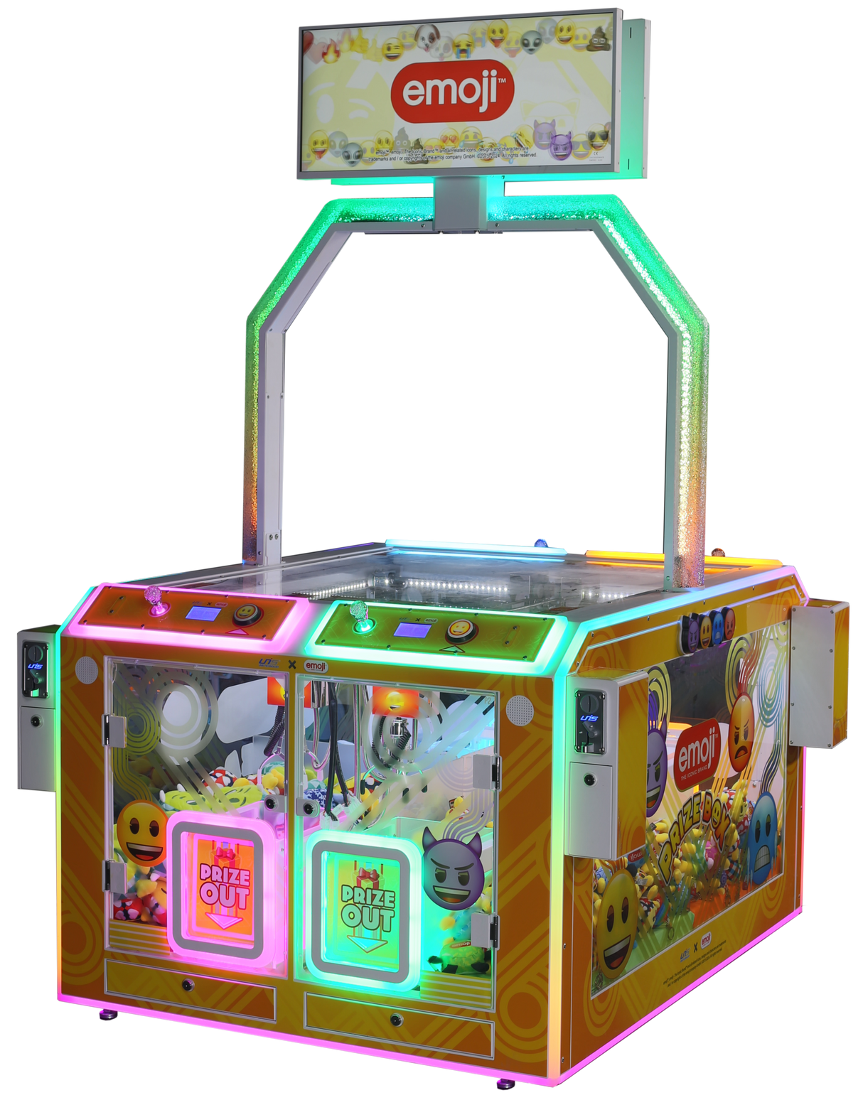 Colorful emoji-themed 4-player flat top arcade claw machine 
