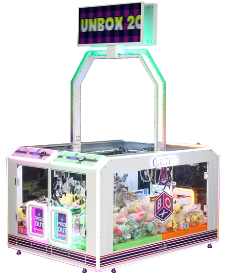 Colorful arcade-style crane game with a flat top design, featuring a display of prizes and multicolored lights.