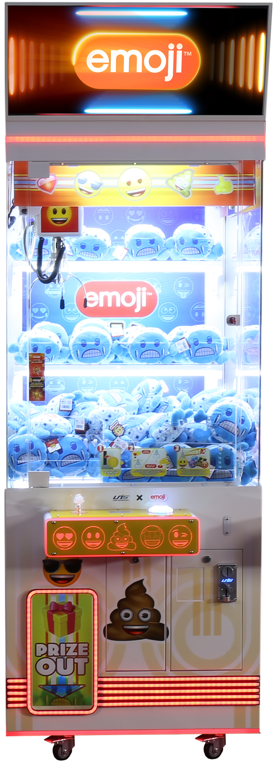 Emoji-themed 1-player vending machine with various emoji designs and LCD header