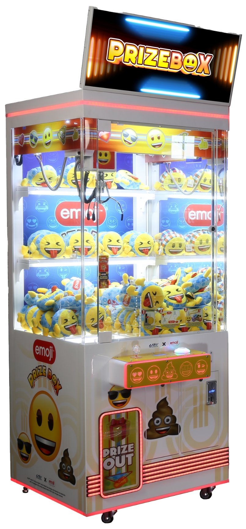 1-player prize box machine with emoji-themed prizes and LCD header