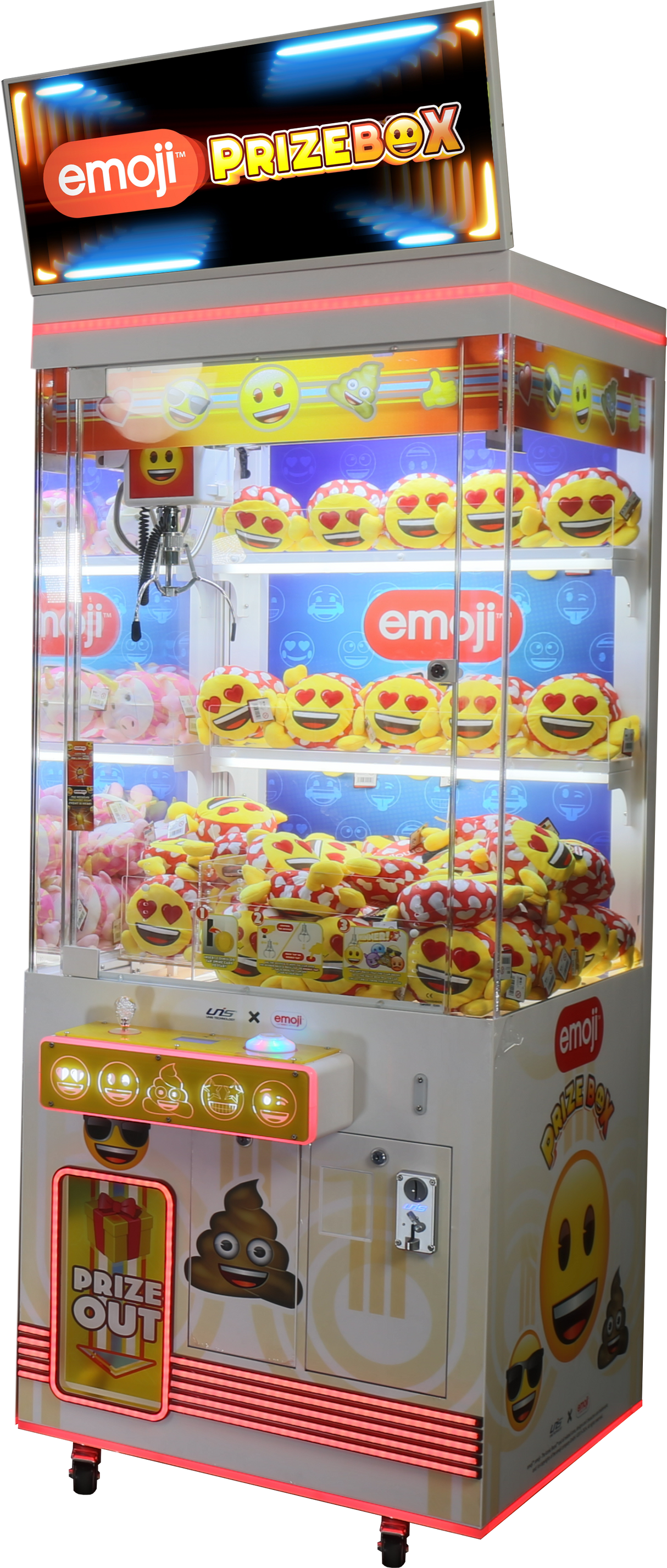 Emoji-themed 1-player prize vending machine with various emoji designs and LCD header.