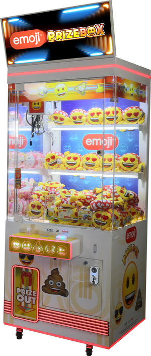 Emoji-themed 1-player prize vending machine with various emoji designs and LCD header.