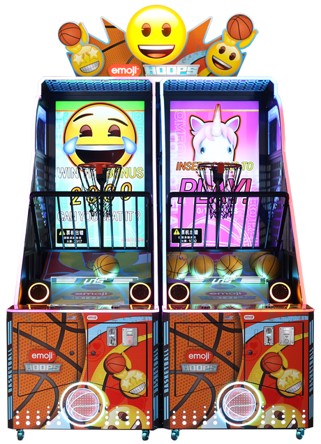 Two emoji-themed basketball arcade games with colorful designs